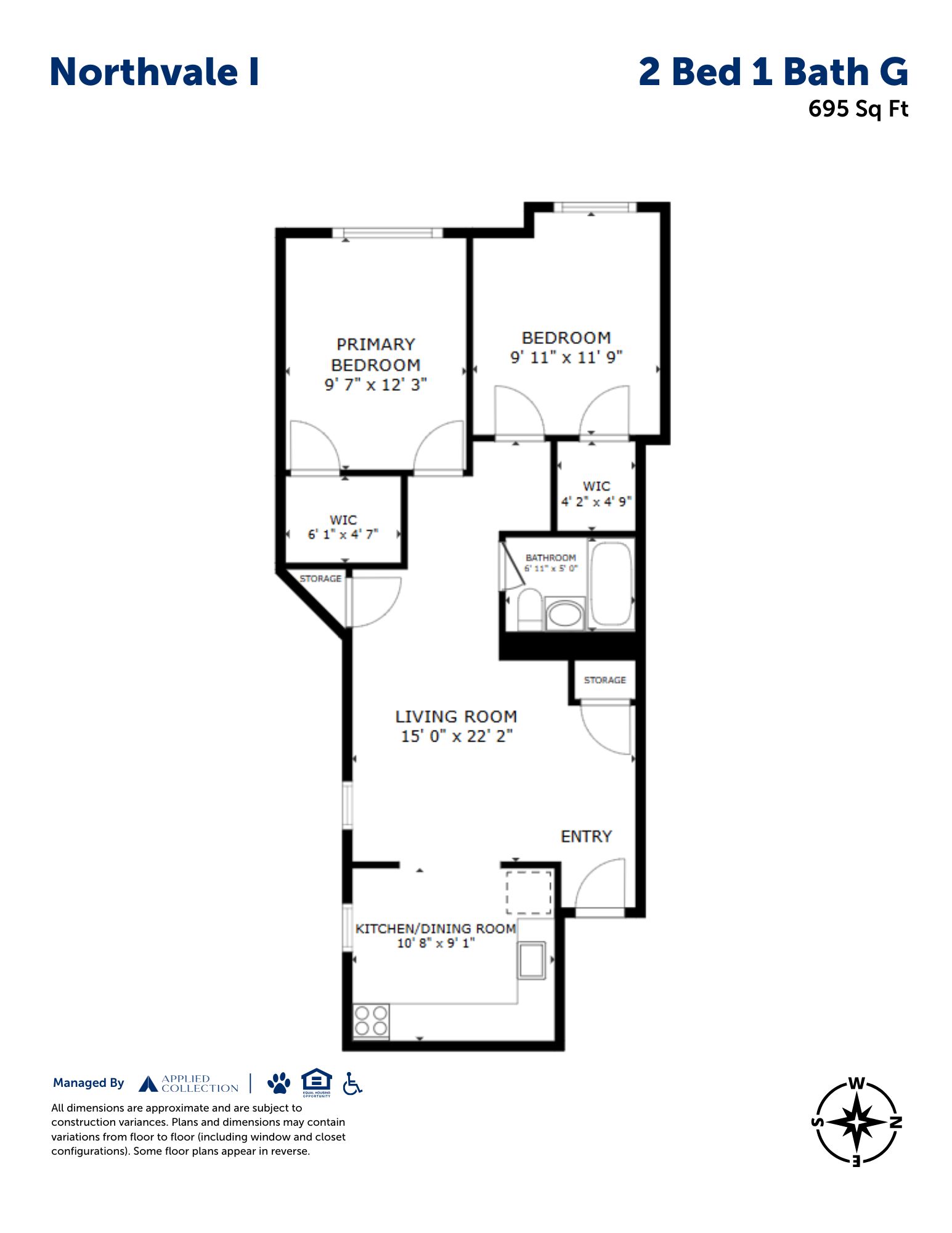 Floor plan for 2 beds, 1 bath, 695 sqft